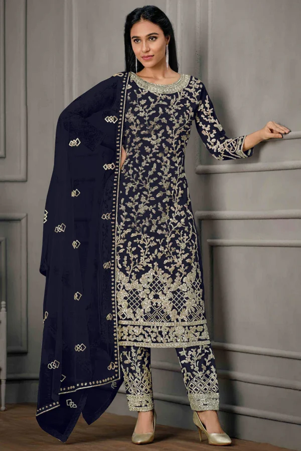 Navy Blue Sequin Embroidered Trouser Suit